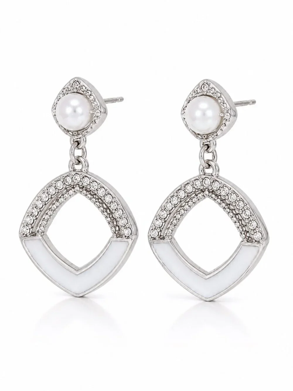 Tuckernuck Silver Pearl Rhinestone Geometric Enamel Drop Earrings